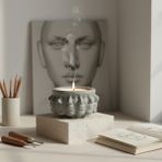 Free And Art Sanatsal Yüz Figürlü Beton Kap %100 Doğal Soya Wax Kokusuz Mum El Yapımı Dekoratif Tasarım - Gri