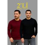 Freedom Fitilli Triko Kazak 2’li Set – Siyah Bordo, Kalın Dokuma Pamuklu Regular Fit Bisiklet Yaka Uzun Kollu Rahat Kışlık Kazak Kombini - Siyah - Bordo - XL