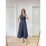 Freedom Jeans Kot Önü Tam Fermuarlı Uzun Elbise - Mavi