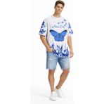 Freedom Storee Erkek Asit Yıkamalı Oversize Tişört Mavi Kelebek Baskılı Dijital Print Bisiklet Yaka Streetwear T-Shirt - Beyaz