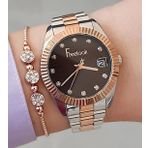 Freelook Kahverengi Kadran Rose Gold/Metalik Kadın Kol Saati + Zirkon Taşlı Bileklik
