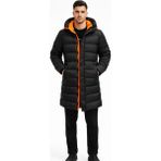 Freemen Erkek Su ve Rüzgar Geçirmez Kapüşonlu, Turuncu Astarlı Uzun Kışlık Şişme Siyah Mont & Parka - XL