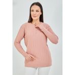 fresh&moda Anne Kazağı Pudra Merserize Esnek Likralı Düğme Detaylı Bluz Kazak