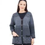 Fresh&Moda Kadın Desenli Triko Düğmeli Cepli Kışlık Anne Hırkası (Siyah Gri, L)