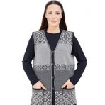 fresh&moda Kadın Siyah Beyaz Desenli Triko Düğmeli Cepli Kışlık Anne Yeleği - XL