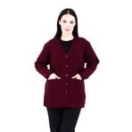 Fresh&Moda Kadın Siyah Cepli Düğmeli V Yakalı Kısa Anne Yün Hırka Bordo - XL