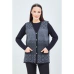 Fresh&Moda Kadın Siyah Gri Desenli Triko Düğmeli Cepli Kışlık Anne Yeleği
