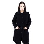 Fresh&Moda Kadın Uzun Düğmeli Cepli Kuşaklı Yakalı Yün Hırka Anne Hırka Siyah - L