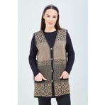 Fresh&Moda Kadın Vizon Desenli Triko Düğmeli Cepli Kışlık Anne Yeleği