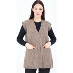 Fresh&Moda Kadın Vizon V Yaka Düğmeli Cepli Örgü Yün Anne Triko Yelek