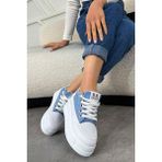 Frm 017 Yüksek Tabanlı Bağcıklı Keten Spor Ayakkabı - Mavi - Beyaz