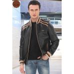 FRM Bomber Ceket Şerit Detaylı Şık Siyah Varsity Derimont El Yapımı Rahat Ceket - 3XL