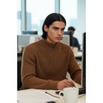 FRM Erkek Basic Regular Fit Fermuarlı Dik Yaka Selanik Örgü Triko Kazak Günlük Stilinize Modern Dokunuş. - Camel