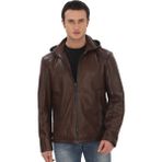 FRM Erkek Çıkarılabilir Kapüşonlu Ceket Kahverengi Fermuarlı Rahat Günlük Deri Mont - 3XL