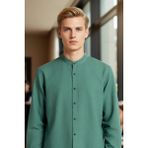 FRM Erkek Düz Desen Hakim Yaka Slim Fit Pamuklu Keten Görünümlü Konforlu Uzun Kollu Gömlek Şık