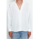 Frm Erkek Moda Uzun Kol Dokuma Yeşil Oversize Fit Apaş Yaka Yazlık Keten Görünümlü Gömlek, Beyaz, M