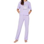 Frm Kadın Bisiklet Yaka Kısa Kol Pamuklu Hayvan Baskılı T-Shirt-Pantolon Örme Pijama Takımı, Lila, Xs