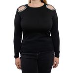 Frm Kadın Büyük Beden Moda Regular Bisiklet Yaka Uzun Kol Düz Omuzları Taşlı Cut Out Detaylı Triko Kazak, Siyah, 3Xl