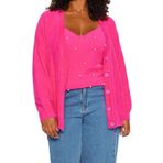 Frm Kadın Büyük Beden Moda Şık Regular V Yaka Uzun Kol Düz Taş Detaylı Bluz-Hırka Triko Takım, Pembe, 2Xl