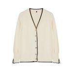 Frm Kadın Büyük Beden Moda Şık Regular V Yaka Uzun Kol Düz Triko Hırka, Krem, 5Xl