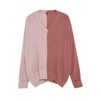 Frm Kadın Büyük Beden Moda Şık Regular V Yaka Uzun Kol Renk Bloklu Triko Kazak, Gül Kurusu, 2Xl
