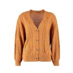 Frm Kadın Büyük Beden Moda Şık Regular V Yaka Uzun Kol Saç Örgü Detaylı Düğmeli Triko Hırka, Taba, 2Xl
