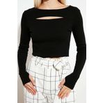 Frm Kadın Crop Kayık Yaka Slim Kalıp Örme Fitilli Fitted Vücuda Oturan Pencere Cut Out Esnek Bluz, Siyah, S