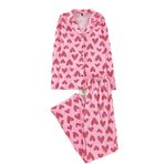 Frm Kadın Geniş Paça Uzun Kol%100 Pamuklu Leopar Kalp Desenli Gömlek Pantolon Örme Pijama Takımı, Pembe, Xs