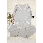 Frm Kadın Moda Büyük Beden V Yaka Boru Paça Uzun Kol Puantiyeli Yakası Dantel Detaylı Örme Pijama Takımı, Gri, 5Xl
