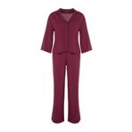 Frm Kadın Moda Gömlek Yaka Boru Paça Truvakar Kol Biyeli Viskon Gömlek-Pantolon Dokuma Pijama Takımı, Bordo, 40
