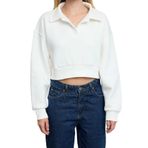 Frm Kadın Moda Oversize Polo Yaka Düşük Kol Uzun Rahat Kalıp Polo Yaka Kalın İçi Polarlı Örme Sweatshirt, Ekru, Xl
