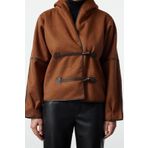 Frm Kadın Moda Regular Kapüşonlu Yaka Standart Düz Astarsız Peluş Detaylı Çoban Kapamalı Süet Ceket Mont, Kahverengi, M