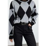 Frm Kadın Moda Şık Bisiklet Yaka Düşük Kol Regular Baklava Desenli Triko Kazak, Gri, S/M