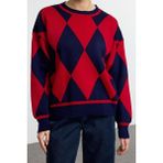 Frm Kadın Moda Şık Bisiklet Yaka Düşük Kol Regular Baklava Desenli Triko Kazak, Lacivert, S/M