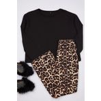 Frm Kadın Moda Şık Bisiklet Yaka Geniş Paça Uzun Kol%100 Pamuklu Leopar Desenli Örme Pijama Takımı, Siyah, L