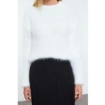 Frm Kadın Moda Şık Bisiklet Yaka Standart Kol Regular Crop Geniş Kalıp Sakallı Triko Kazak, Ekru, M