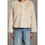Frm Kadın Moda Şık Bol Bisiklet Yaka Standart Düz Astarlı Oversize Kürk Mont, Ekru, Xs