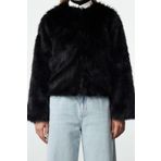Frm Kadın Moda Şık Bol Bisiklet Yaka Standart Düz Astarlı Oversize Kürk Mont, Siyah, Xs