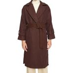 Frm Kadın Moda Şık Bol Ceket Yaka Uzun Düz Astarlı Oversize Geniş Kesim Kemerli Uzun Yünlü Kaşe Kaban, Koyu Kahverengi, 36