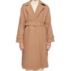 Frm Kadın Moda Şık Bol Ceket Yaka Uzun Düz Astarlı Oversize Geniş Kesim Kemerli Uzun Yünlü Kaşe Kaban, Vizon, 34