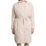 Frm Kadın Moda Şık Bol Ceket Yaka Uzun Düz Astarlı Oversize Kuşaklı Uzun Kapitone Şişme Mont, Ekru, Xs