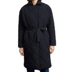 Frm Kadın Moda Şık Bol Ceket Yaka Uzun Düz Astarlı Oversize Kuşaklı Uzun Kapitone Şişme Mont, Siyah, 2Xs