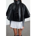 Frm Kadın Moda Şık Bol Dik Yaka Standart Düz Astarlı Oversize Parlak Pelerin Mont, Siyah, M