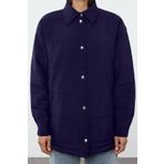 Frm Kadın Moda Şık Bol Gömlek Yaka Midi Düz Astarlı Oversize Kapitone Şişme Mont, Lacivert, Xs