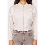 FRM Kadın Moda Şık Bol Hakim Yaka Crop Düz Astarlı Oversize Süet Bomber Ceket Mont - Taş