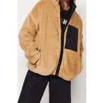 Frm Kadın Moda Şık Bol Kapüşonlu Yaka Standart Düz Astarlı Kapüşonlu Cep Detaylı Peluş Mont, Camel, S