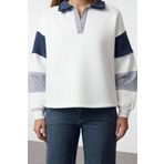 Frm Kadın Moda Şık Bol Polo Yaka Düşük Kol Uzun Dokuma Garnili Geniş Kalıp Örme Sweatshirt, Ekru, Xl