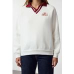 Frm Kadın Moda Şık Bol Polo Yaka Düşük Kol Uzun Nakışlı Gneiş Kalıp Kalın İçi Polarlı Örme Sweatshirt, Ekru, Xl