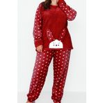Frm Kadın Moda Şık Büyük Beden Bisiklet Yaka Dar Paça Uzun Kol Kalpli Polar Örme Pijama Takımı, Kırmızı, 4Xl