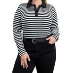 Frm Kadın Moda Şık Büyük Beden Regular Gömlek Yaka Regular Kalıp Örme Çizgili Bluz, Siyah-Beyaz, 4Xl